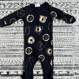 Huxbaby Black One-Piece Romper with Gold Donut & Bear Print